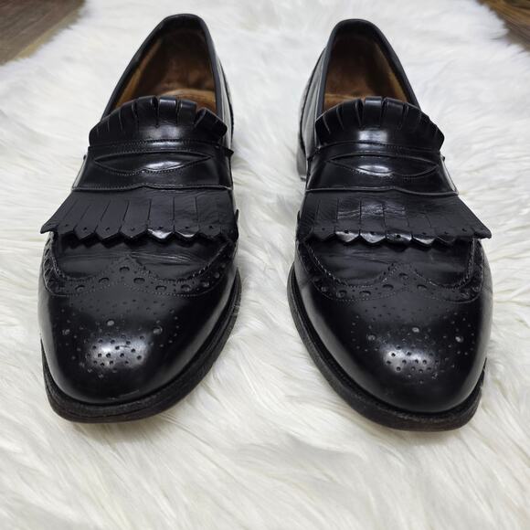 JOHNSTON & MURPHY Aristocraft Kiltie Dress Shoe Loafers 9.5 Black Wingtip Brogue - Picture 1 of 11